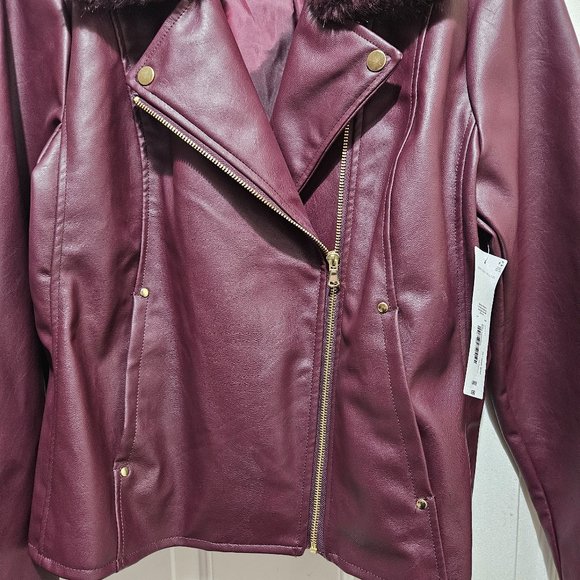 NEW Liz Claiborne Removable Faux Fur Collar Zip Coat size L Faux Leather Maroon - Picture 3 of 15